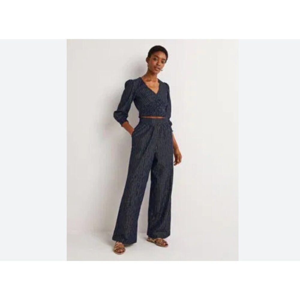 Boden Womens Pants Metallic UK 12 US 8 Navy Blue Striped Wide Trousers R0275 NWT